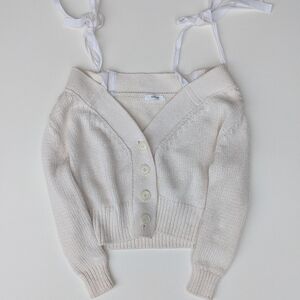 Adeam Cream Cropped Off-shoulder Cardigan With Shoulder Ribbons